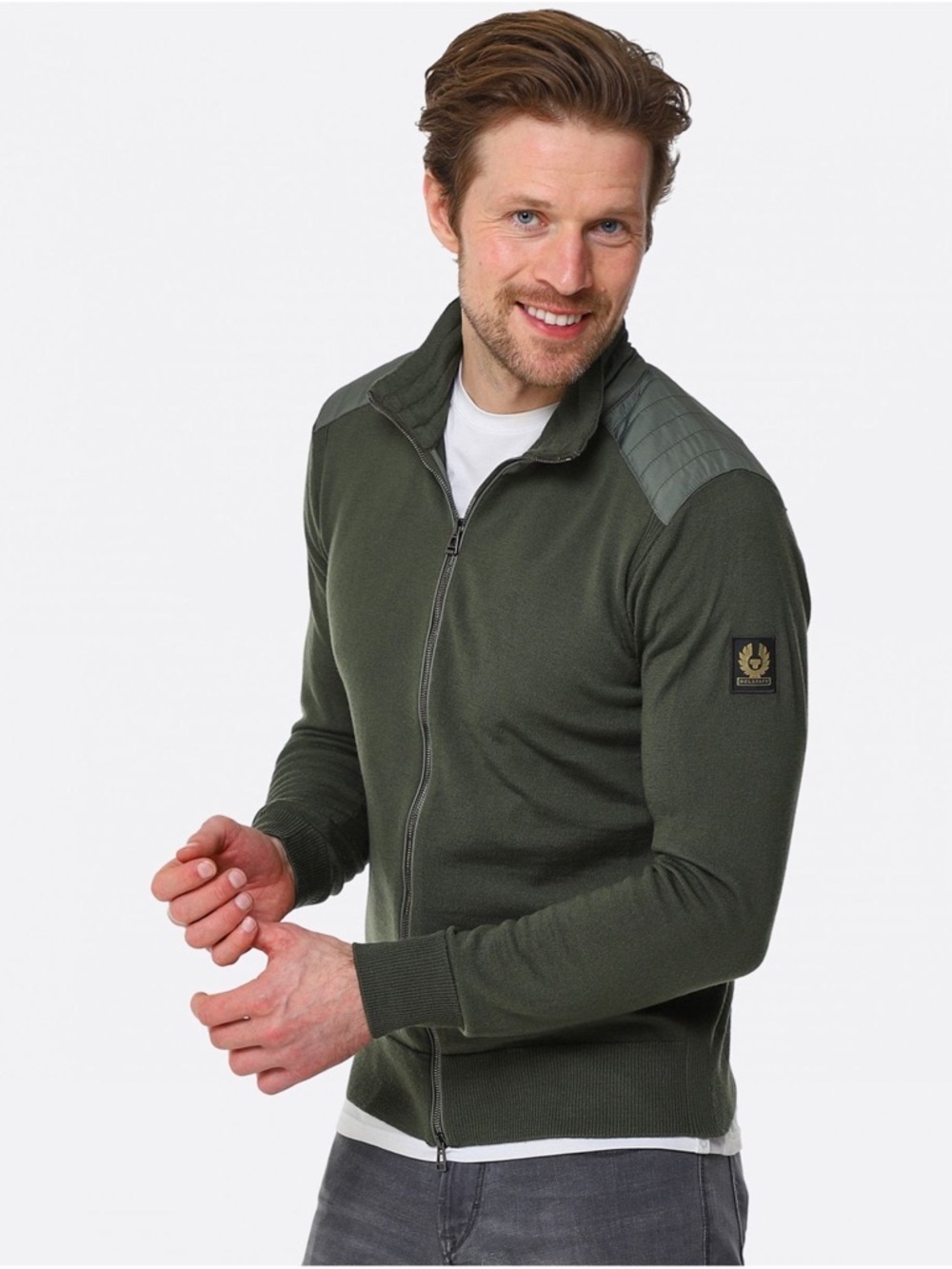 Belstaff Olive Zip-Up Knit with Quilted Shoulders